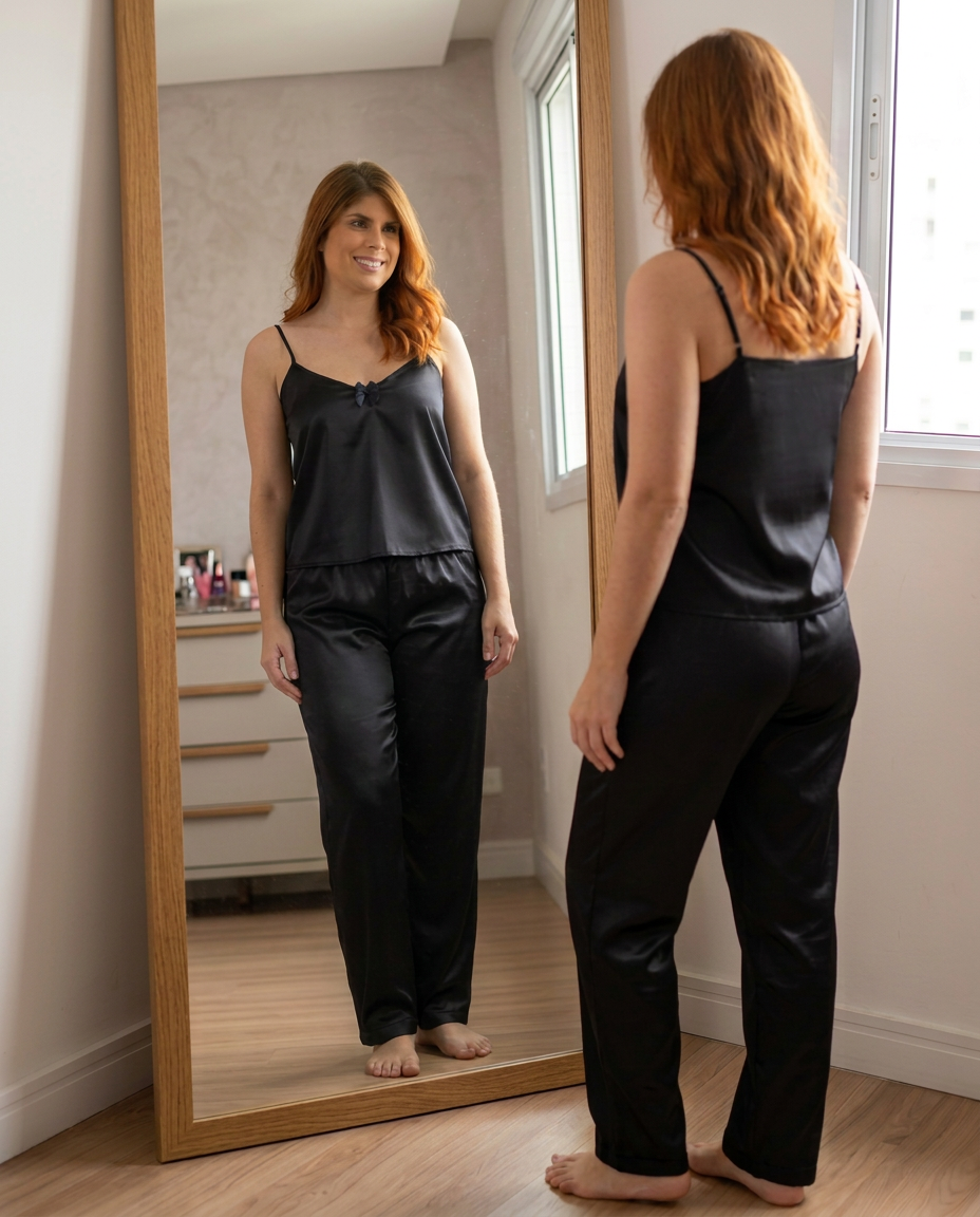 Pijama set cómodo de tiras y pantalón Dalia Negro