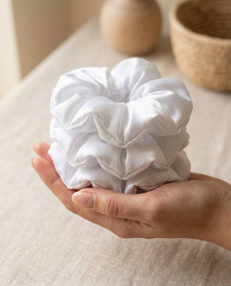 Scrunchies que cuidan tu cabello Blanco