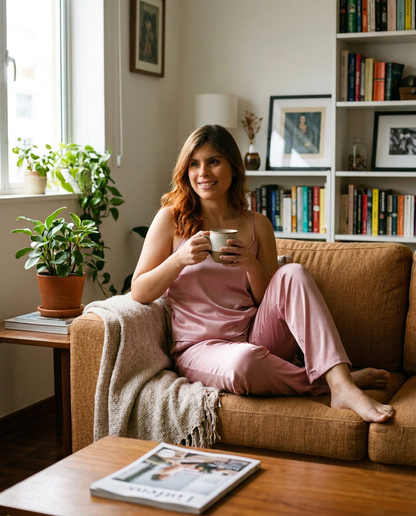 Pijama set cómodo de tiras y pantalón Dalia Rosada