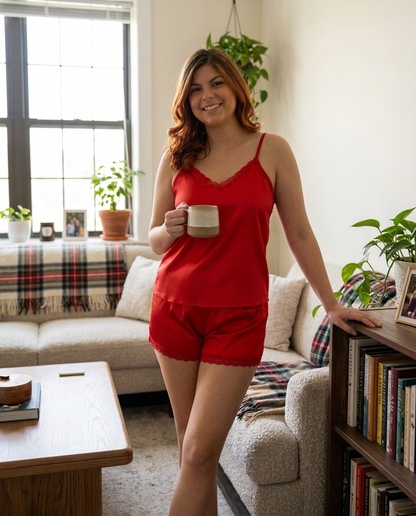 Pijama delicada con encaje suave Rose Rojo